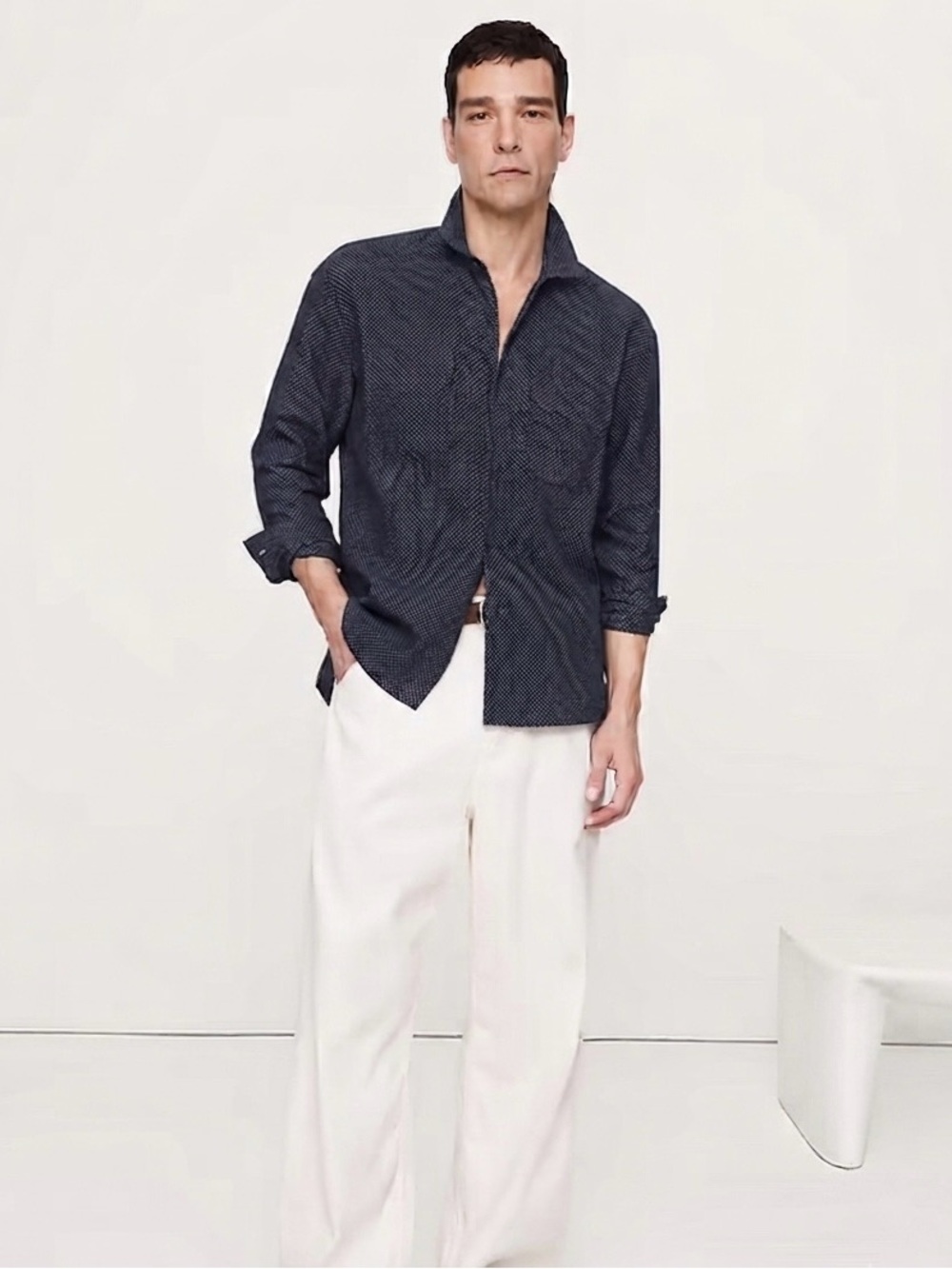 Massimo Dutti Men's Navy Dot-Pattern Button-Down Shirt_Limited edition
